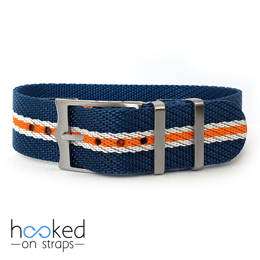 adjustable single pass nato blue strap with orange and white centerlines