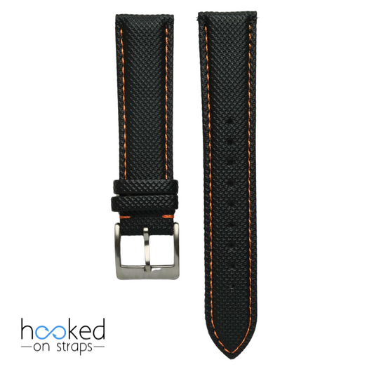 black sailcloth strap with orange stitch - front view