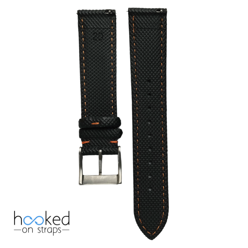 black sailcloth strap with orange stitch - back view