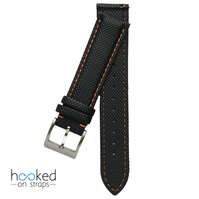 black sailcloth strap with orange stitch - front view
