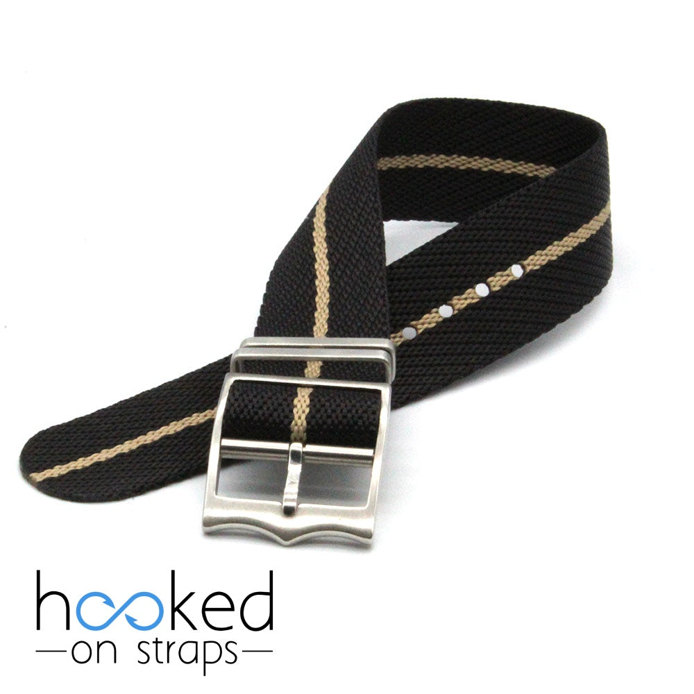 black adjustable single pass nato strap with beige centerline