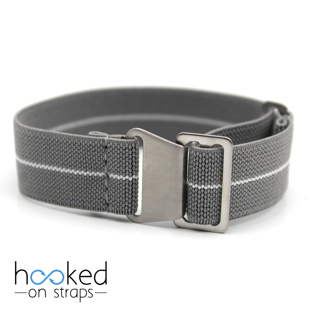 grey elastic nato strap with white centerline
