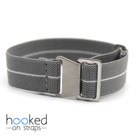 grey elastic nato strap with white centerline