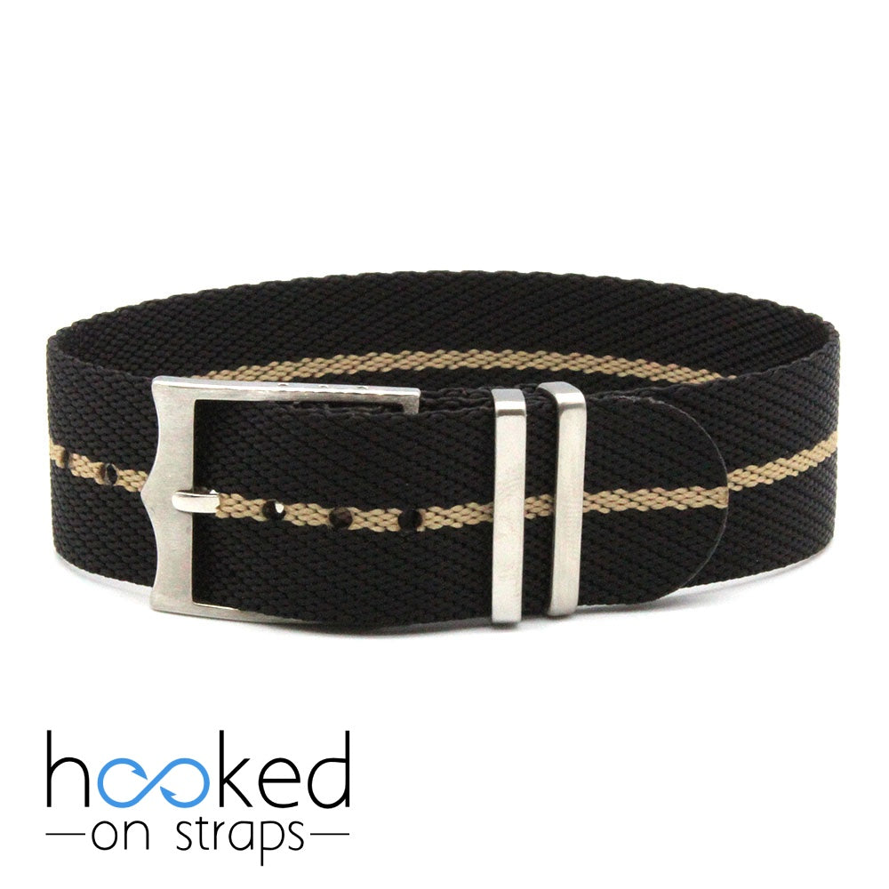 black adjustable single pass nato strap with beige centerline