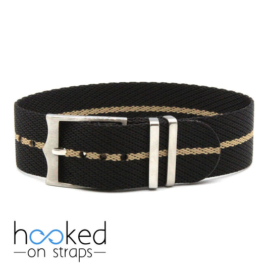 black adjustable single pass nato strap with beige centerline