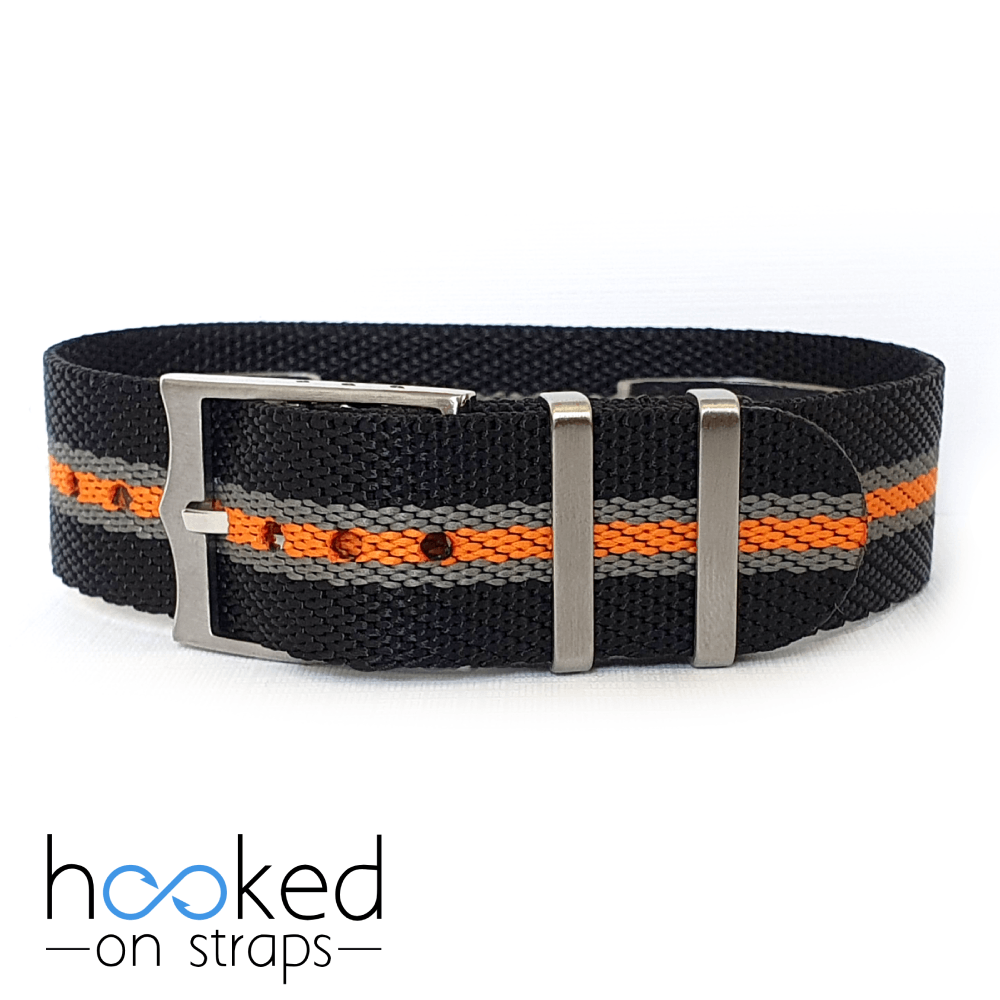 black adjustable single pass nato strap with gray and orange centerlines. 20mm 2mm