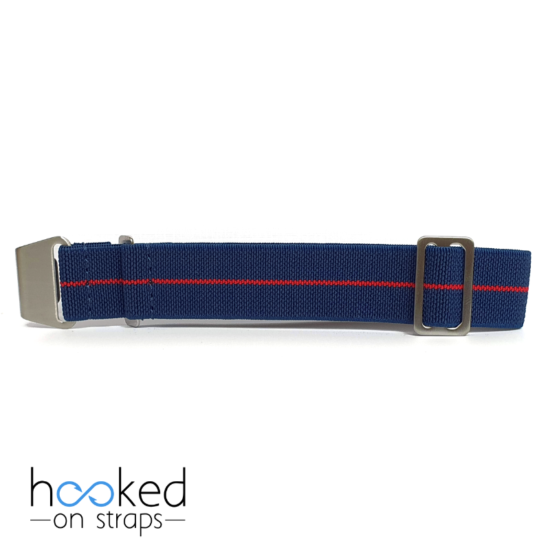 blue elastic nato strap with red centerline
