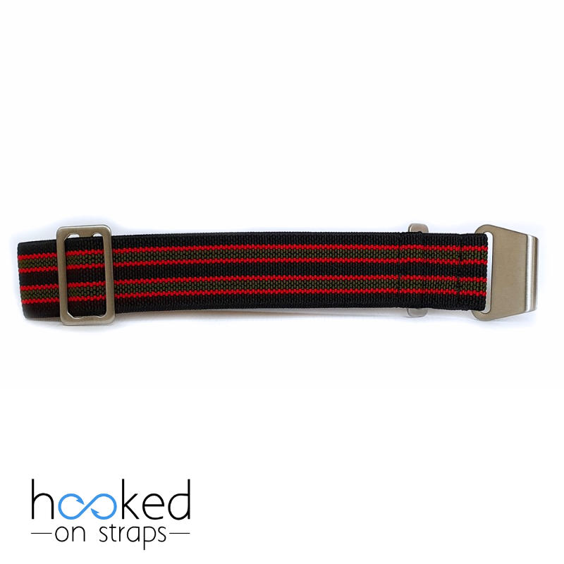 black elastic nato strap with red and green bond stripes