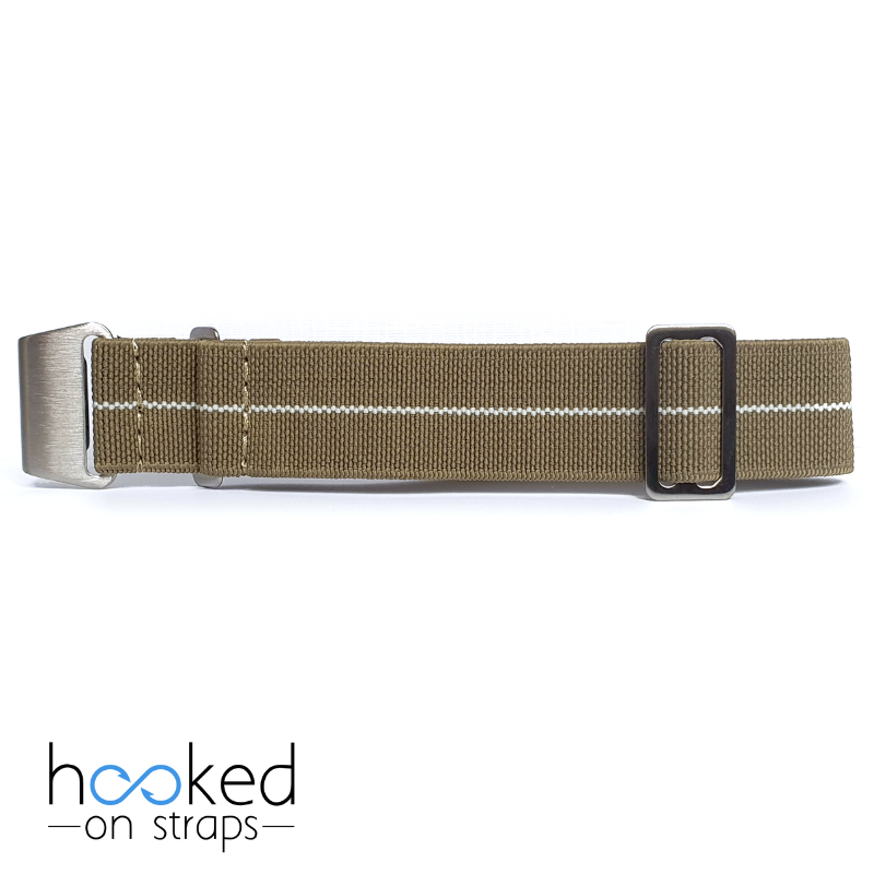 beige elastic nato strap with white centerline