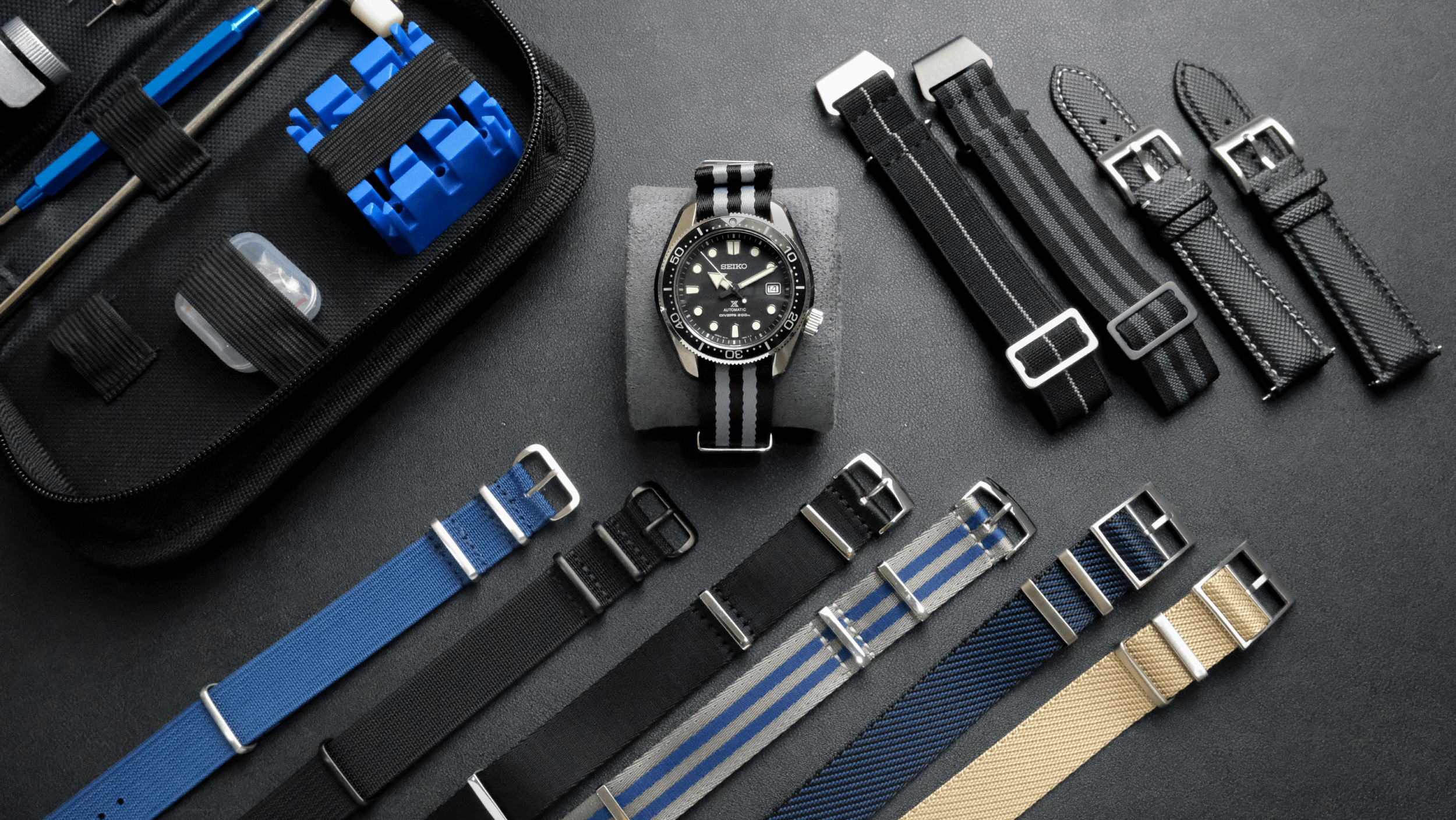 seiko mm200 on a Mega nato bond strap with a strap change tool kit, regular ribbed nato ocean, beetle, mega nato tuxedo, skyfall, adjustable nato oxford cairo, paratrooper submariner, 007, sailcloth manta, barracuda.