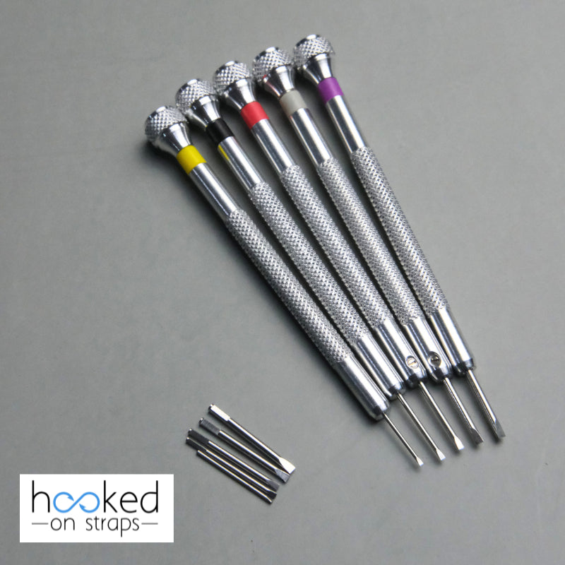 5 pieces precision screwdriver set with flat ends with extra tips (1 each)
