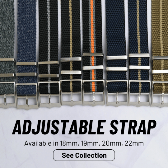 adjustable single pass nato and perlon straps in various colors - gray blue black orange beige