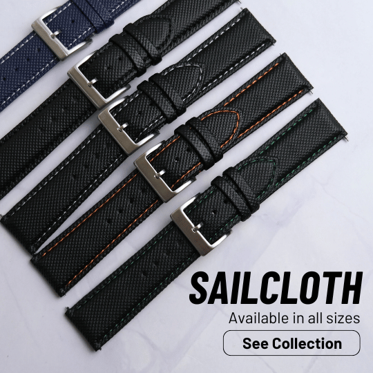 saicloth watch straps in various colors - black with green orange gray black stitch, blue with gray stitch