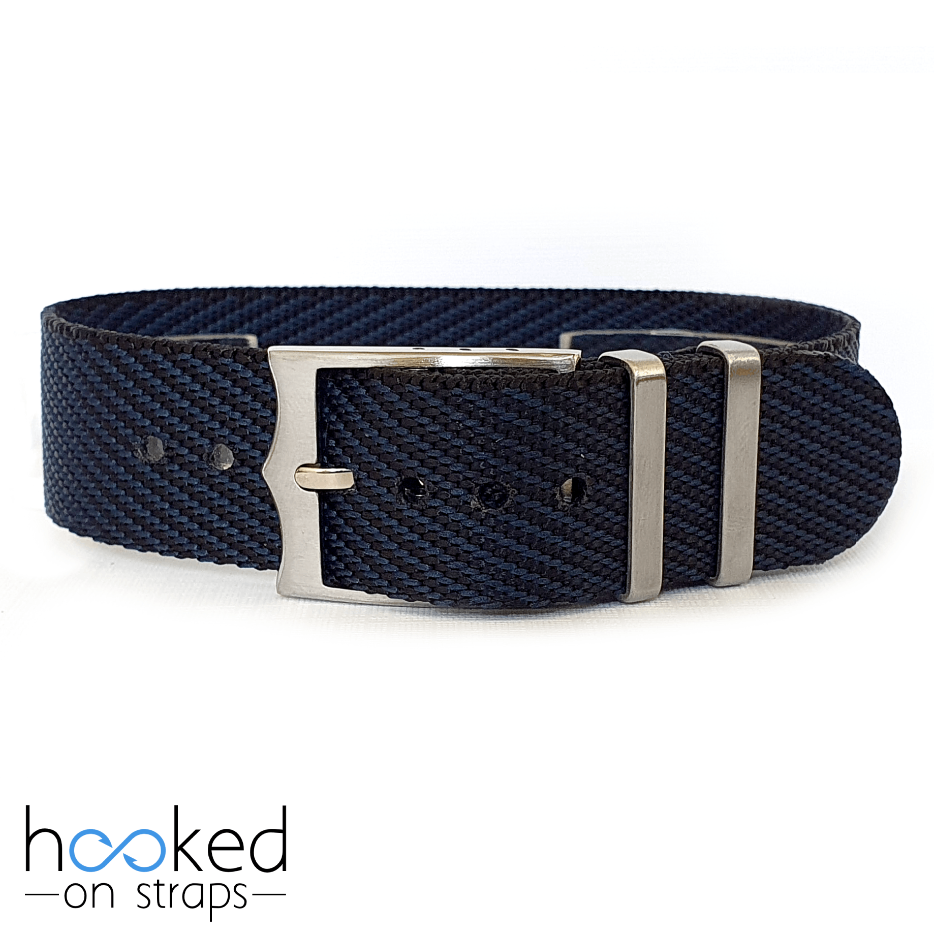 adjustable single pass nato strap with black and blue weave