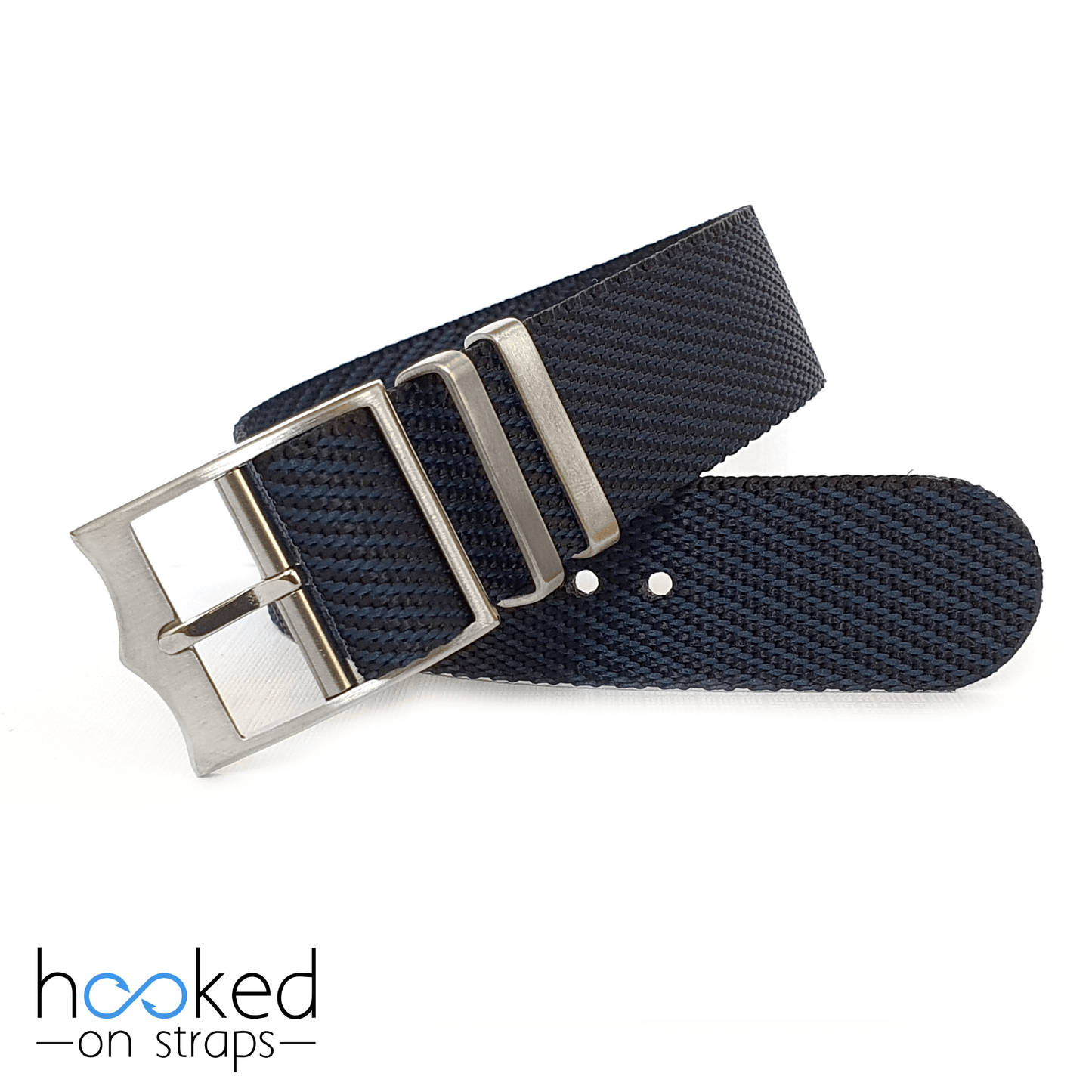 single pass adjustable nato strap with black and blue weave