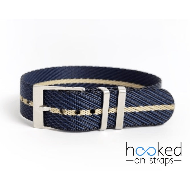 blue and black weave adjustable single pass nato strap with beige centerline