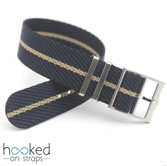black blue weave adjustable single pass nato strap with beige centerline