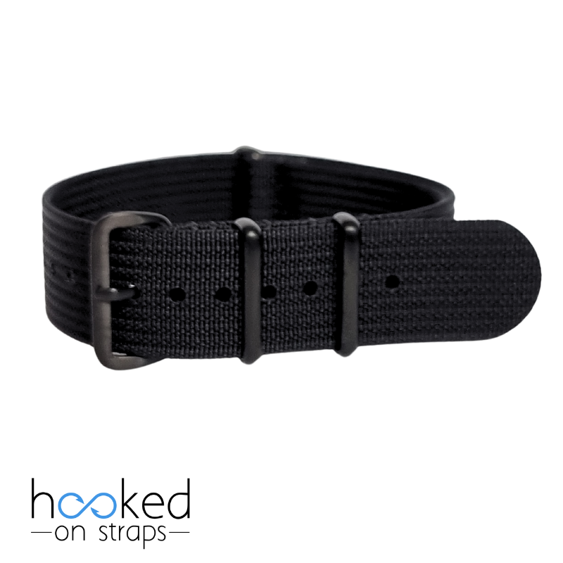 black regular ribbed nato on black pvd hardware