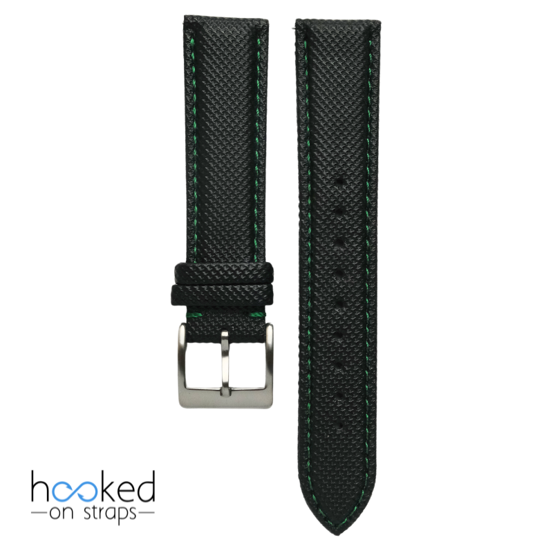 black sailcloth strap with green stitch - front view