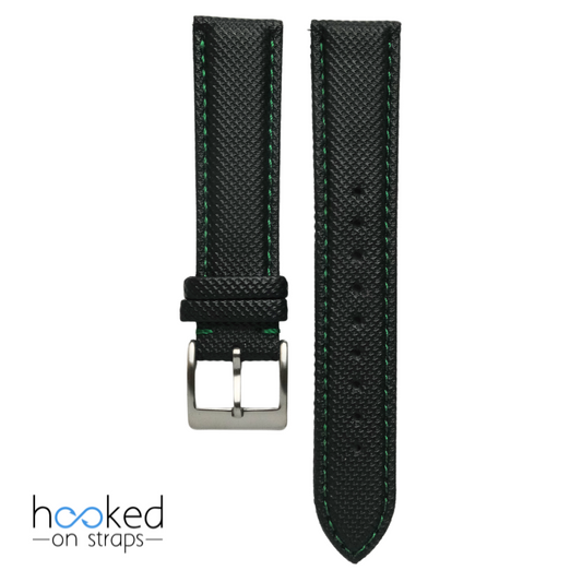 black sailcloth strap with green stitch - front view