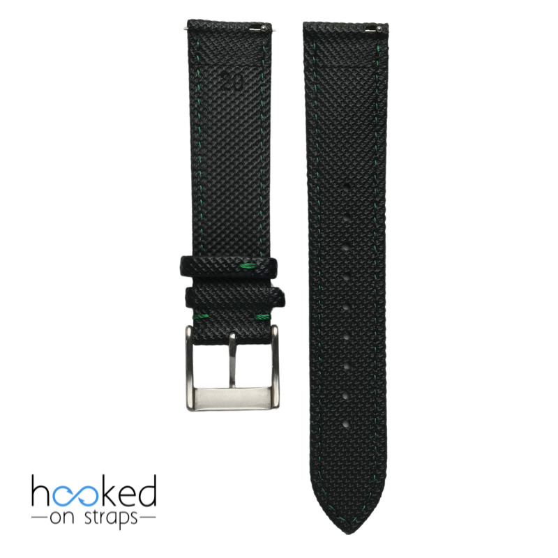 black sailcloth strap with green stitch - back view