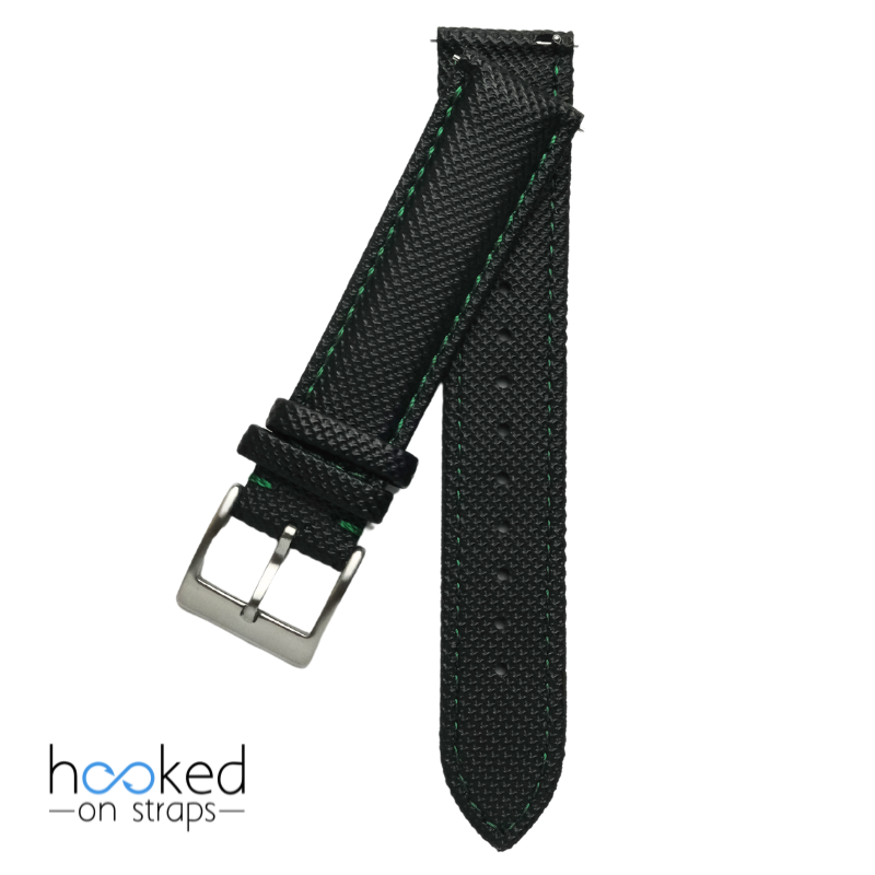 black sailcloth strap with green stitch