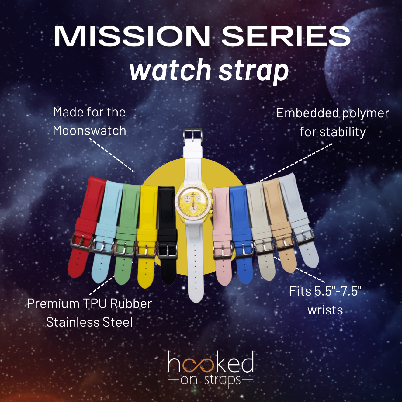 features of omega moonswatch curved rubber strap - mission series