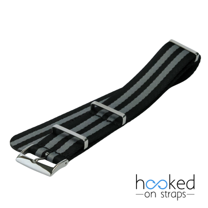 black omega mega seatbelt nato strap with gray bond stripes