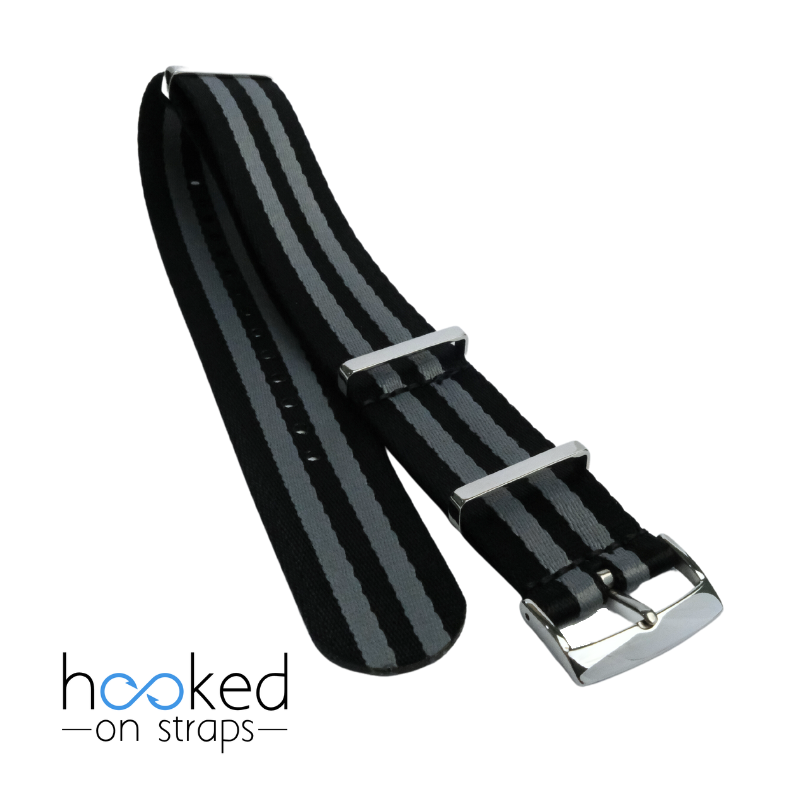 black omega mega seatbelt nato strap with grey bond stripes