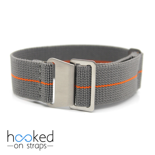 grey elastic nato strap with orange centerline