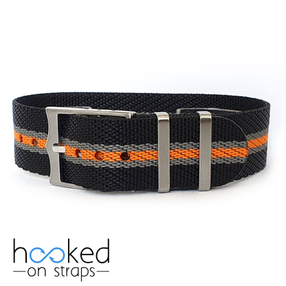 black adjustable single pass nato strap with gray and orange centerlines.  20mm 2mm