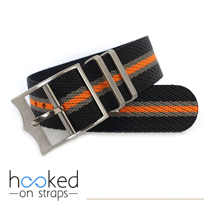black adjustable single pass nato strap  strap with gray and orange centerline. 20mm 2mm