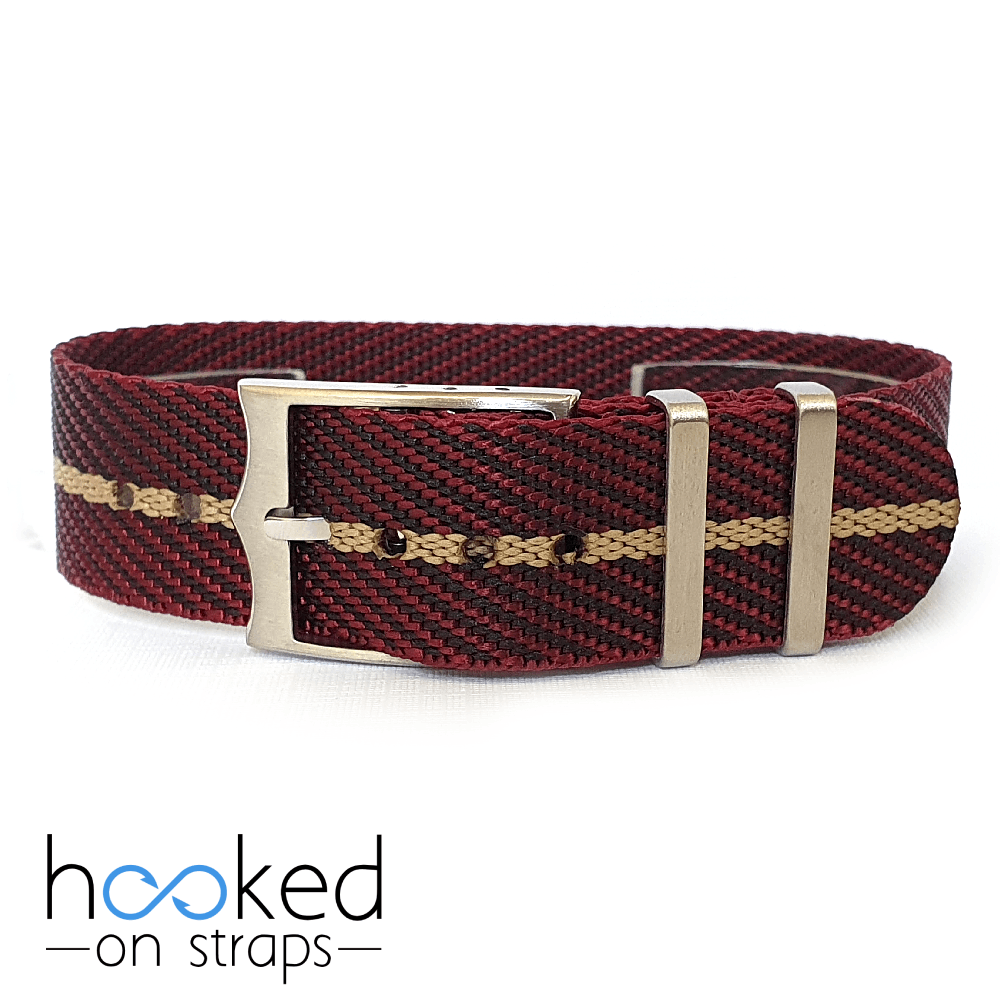 red maroon interwoven with black strap with beige centerline, adjustable single pass nato. 20mm