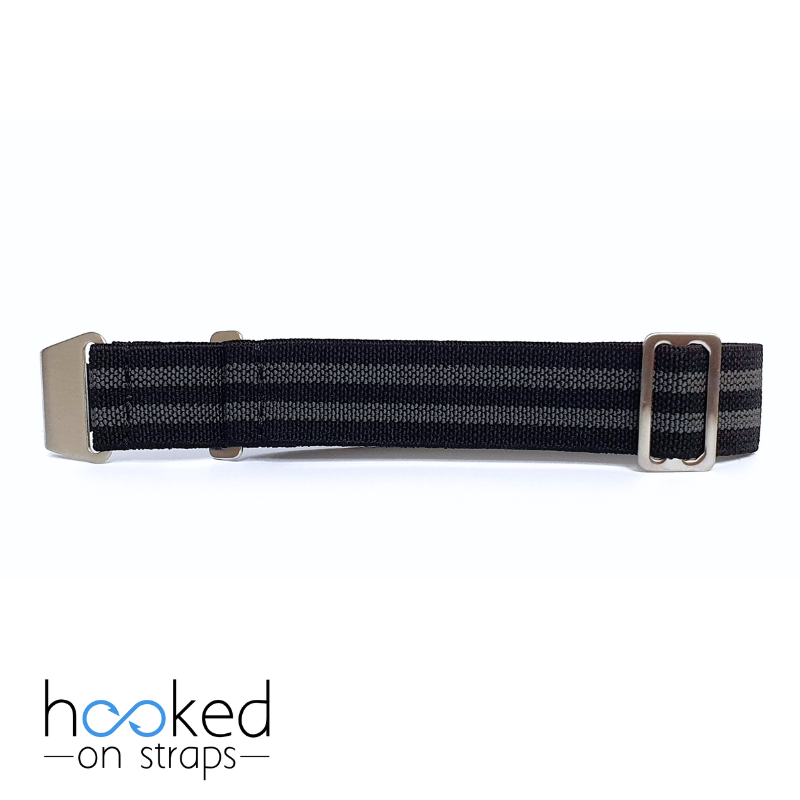 black elastic nato strap with gray bond stripes