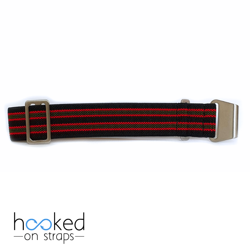 black elastic nato strap with red and green bond stripes 