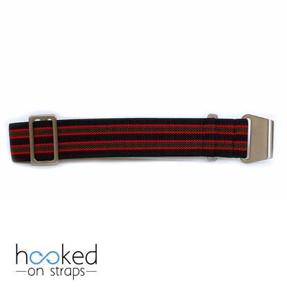 black elastic nato strap with red and green bond stripes 