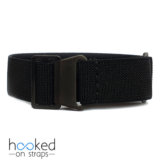 black elastic nato strap with black pvd buckle hardware