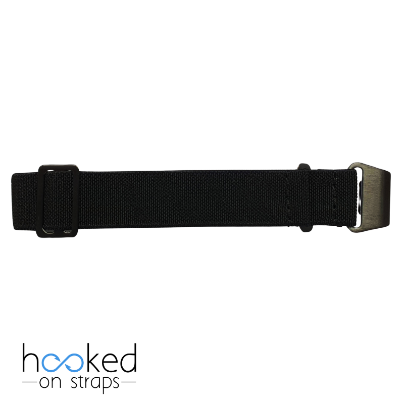 black elastic nato strap on pvd black buckle hardware