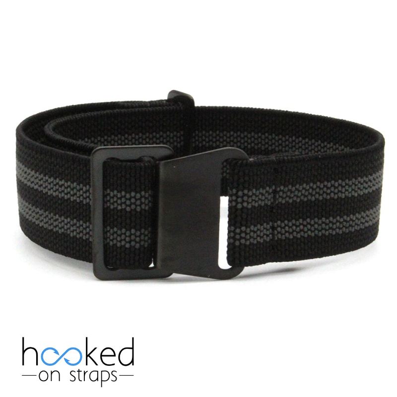 black elastic nato strap with bond gray stripes