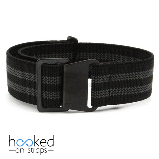 black elastic nato strap with bond gray stripes