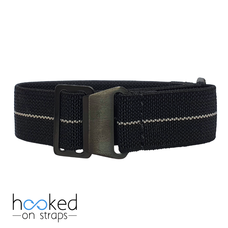 black elastic nato strap with gray centerline on black pvd buckle hardware