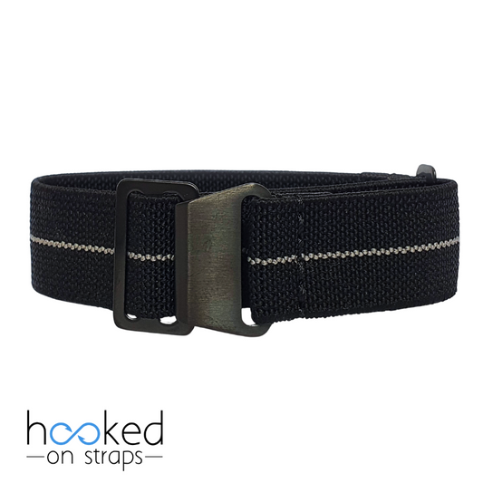 black elastic nato strap with gray centerline on black pvd buckle hardware