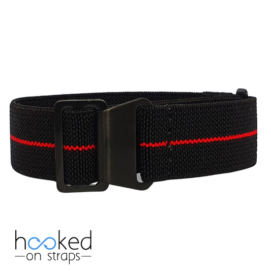 black elastic nato strap with red centerline on black pvd buckle hardware