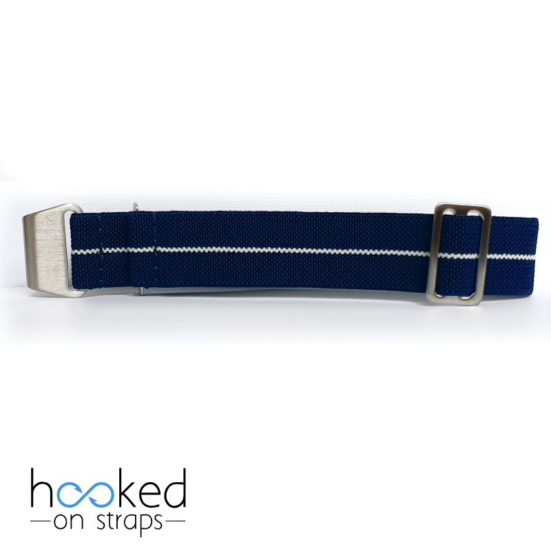 blue elastic nato strap with white centerline