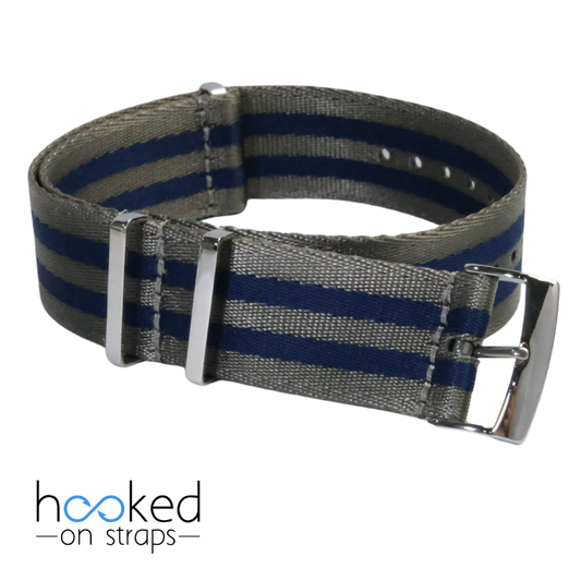 omega mega nato seatbelt gray strap with blue bond stripes