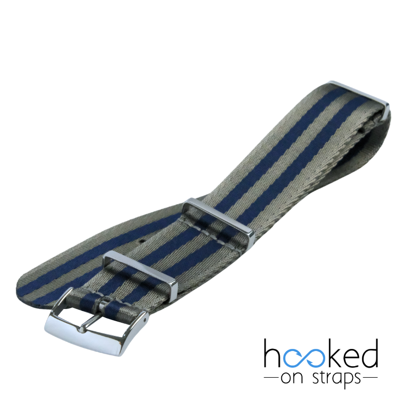 gray omega mega seatbelt nato strap with blue bond stripes