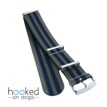 gray omega mega seatbelt nato strap with blue bond stripes, 007