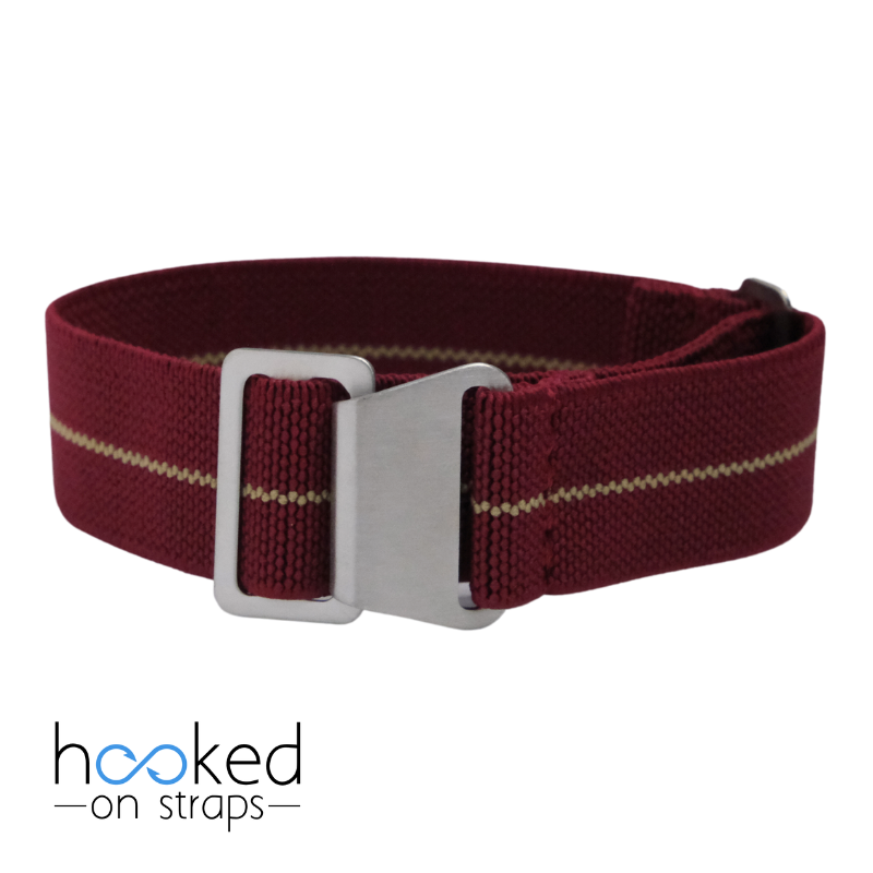 maroon elastic nato strap with beige centerline