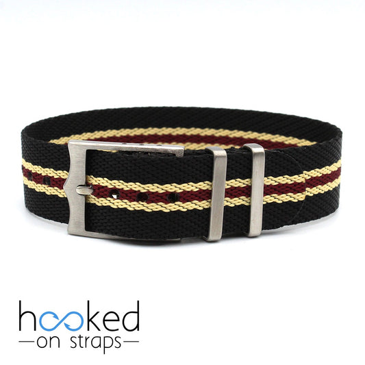 black adjustable single pass nato strap with beige and red centerline