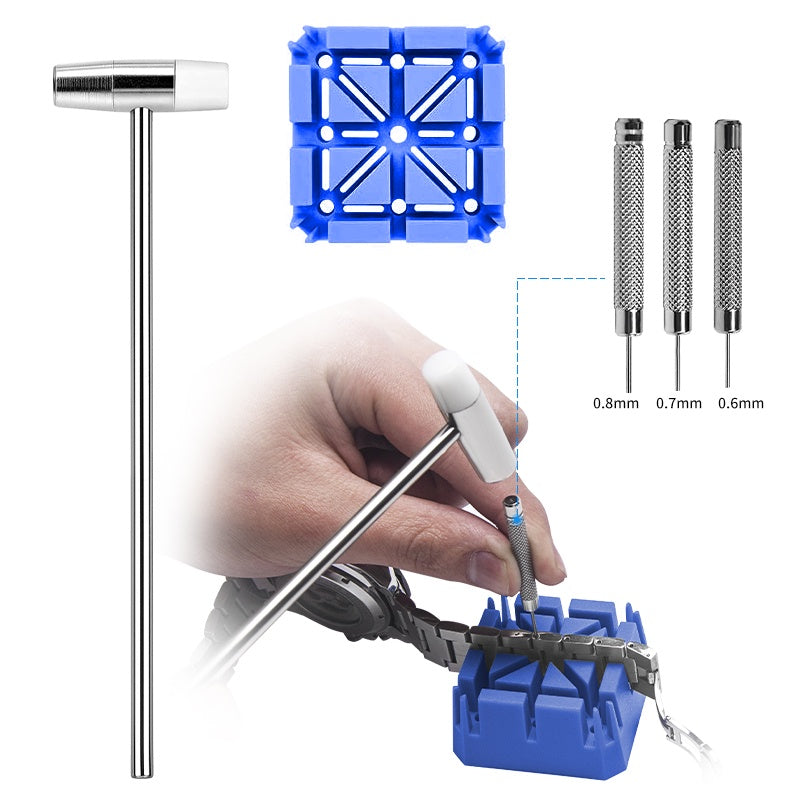 guide to adjust metal bracelets using the watch holder, watch mallet, and pin pushers